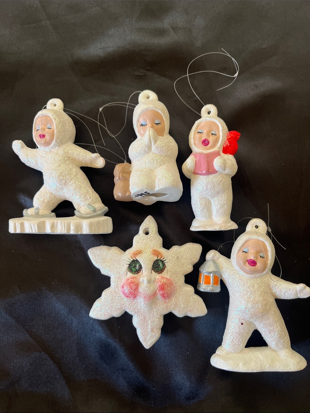 Vintage Hand Crafted Painted Snow Babies White Sparkle Ceramic Ornaments Set 5